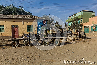 MEKELE, ETHIOPIA - MARCH 27, 2019: Horse carriages on a street in Mekele, Ethiop Editorial Stock Photo