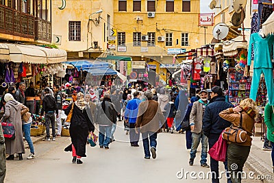 Meknes, Morocco - March 04, 2017: Busy business street Editorial Stock Photo