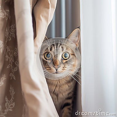 Mekong Bobtail Cat Peeking Out from Behind a Curtain Stock Photo