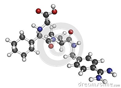 Melagatran anticoagulant drug molecule (direct thrombin inhibitor). 3D rendering. Atoms are represented as spheres with Stock Photo