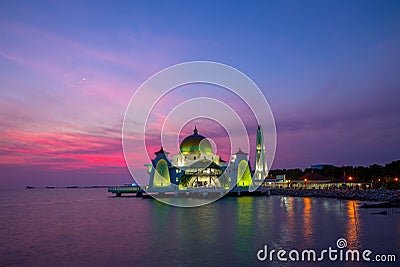 Masjid selat melaka in malacca, malaysia at dusk Editorial Stock Photo