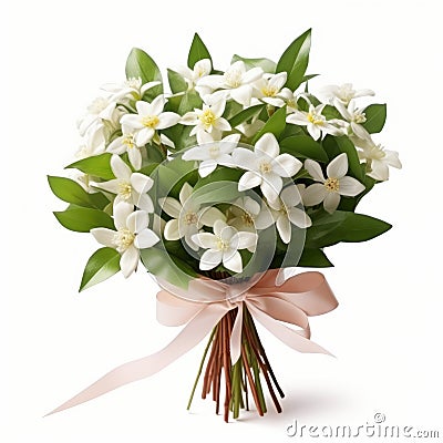 Melancholic Symbolism: Jasmine Flower Bouquet With Ribbon In White And Orange Stock Photo