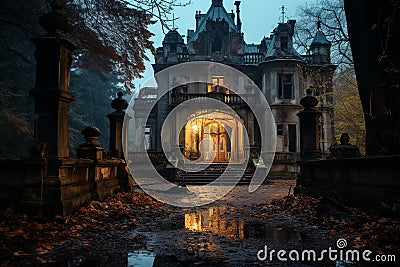 Ghosts of Grandeur: Twilight Shadows Over an Abandoned Mansion Stock Photo