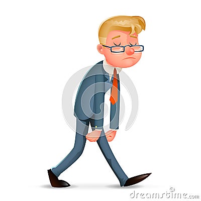 Melancholy Sad Tired Weary Fatigue Businessman Walk Retro Cartoon Design Vintage Character Icon Isolated Vector Vector Illustration