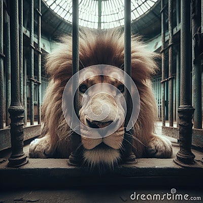 Sad lion sits in a rundown Victorian zoo Stock Photo