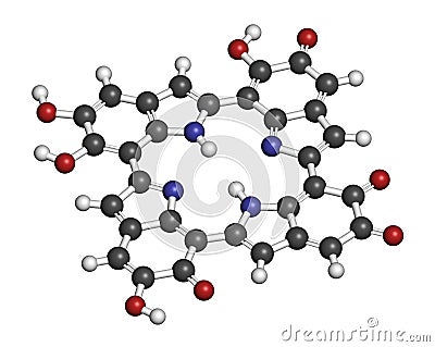 Melanin (eumelanin), proposed oligomeric structure model. Primary determinant of skin color. 3D rendering. Atoms are represented Stock Photo