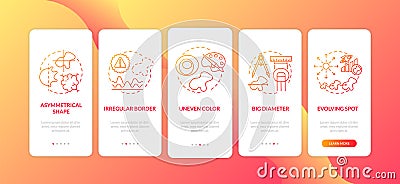 Melanoma ABCDE symptoms onboarding mobile app page screen with concepts Vector Illustration