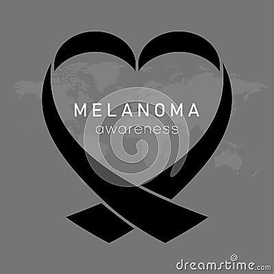 Melanoma awareness and black heart shape ribbon on map background. Skin cancer awareness Vector Illustration