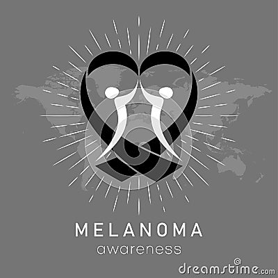 Melanoma awareness and black heart shape ribbon on map background. Skin cancer awareness Vector Illustration