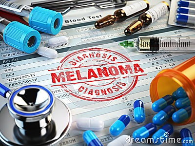 Melanoma diagnosis. Stamp, stethoscope, syringe, blood test and Cartoon Illustration