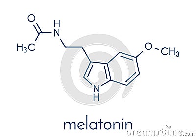 Melatonin hormone molecule. In humans, it plays a role in circadian rhythm synchronization. Skeletal formula. Vector Illustration