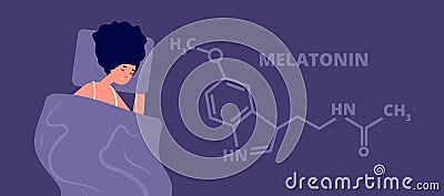 Melatonin hormone. Structure hormones sleep, flat person sleeping in dark. Science education banner, insomnia and health Vector Illustration