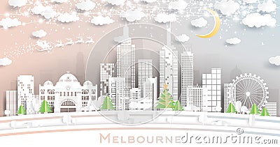 Melbourne Australia City Skyline in Paper Cut Style with Snowflakes, Moon and Neon Garland Stock Photo