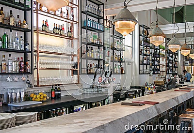 Long white bar at European Cafe in Melbourne, Australia Editorial Stock Photo