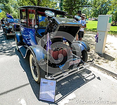 MELBOURNE, AUSTRALIA - JANUARY 26, 2019: The Detroit Electric 1929 model 97 Coupe on display at 2019 Royal Automobile Club Editorial Stock Photo