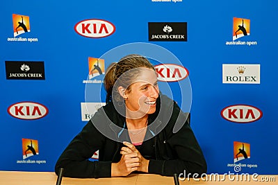 Professional tennis player Johanna Konta of United Kingdom during press conference after quarterfinal match, 2016 Australian Open Editorial Stock Photo