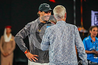 Seventeen times Grand Slam champion Rafael Nadal of Spain during on court interview after his semifinal match at 2019 AO Editorial Stock Photo