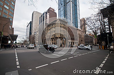 MELBOURNE, AUSTRALIA - JULY 26, 2018: Busy streets intersection with Hook Turn sign in Melbourne Australia Editorial Stock Photo