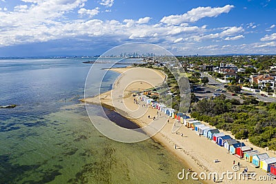 Aerial view of Brighton Bathing Boxes and Melbourne CBD Editorial Stock Photo