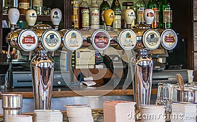 All Belgian beer taps at Belgian Beer Cafe Bluestone, Melbourne, Australia Editorial Stock Photo