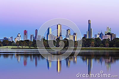 Melbourne Australia Skyline viewed from Albert Park Lake at Sunrise Stock Photo