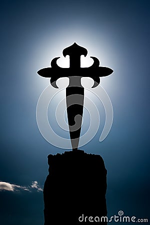 Melide, Spain - Cross of Saint James outside Melide, Spain along the Way of St James Camino de Santiago Stock Photo