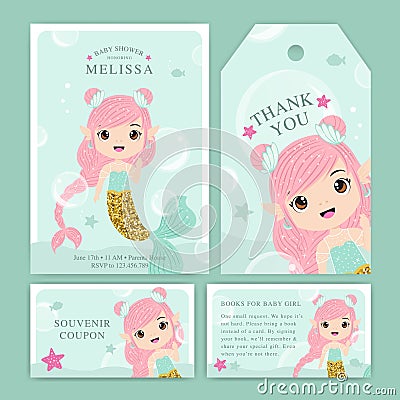 Glitter mermaid baby shower invitation set Vector Illustration