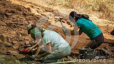 Archaeologist women working in antique fort, Zamora Editorial Stock Photo