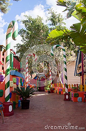 Mellieha, Malta, 30 december 2018 - Colorfull candy city for children in Popeye village movie set post office house entrance and Editorial Stock Photo