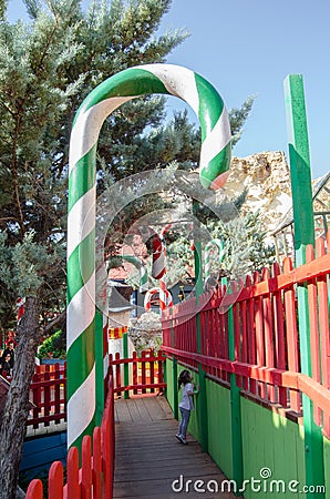 Mellieha, Malta, 30 december 2018 - Colorfull candy city for children in Popeye village movie set post office house entrance and Editorial Stock Photo