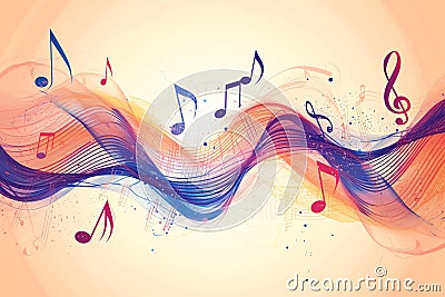 Melody flowing music wave abstract background showing colourful music notes which are musical notation symbols Cartoon Illustration