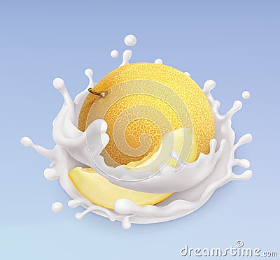 Melon and milk splash. Fruit and yogurt. 3d vector icon Vector Illustration