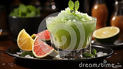 Melon Slushie Cocktail Sweet Summer Refreshing Crushed Ice Slush Mocktail With Melon Juice Milt and Lemon or Lime on Dark Blurry Stock Photo