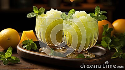 Melon Slushie Cocktail Sweet Summer Refreshing Crushed Ice Slush Mocktail With Melon Juice Milt and Lemon or Lime on Dark Blurry Stock Photo