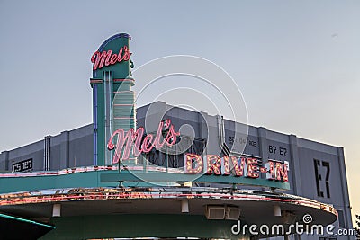 Mels DRIVE-IN, the facade of a modern American Editorial Stock Photo