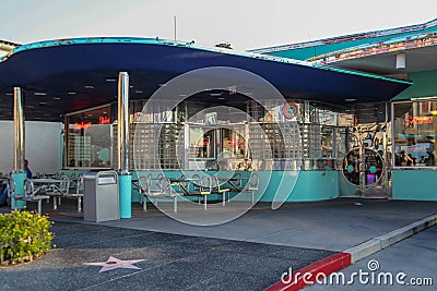 Mels DRIVE-IN, the facade of a modern American Editorial Stock Photo