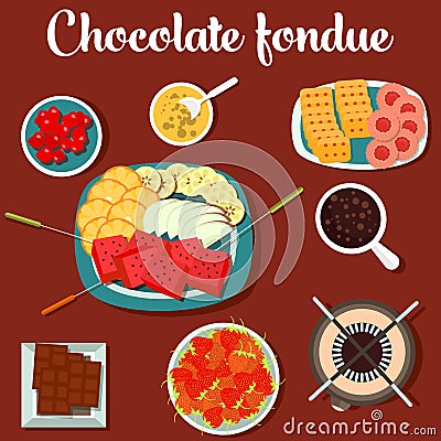 Melted chocolate fondue with cookies and strawberry, lemon on plate Vector Illustration