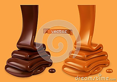 Melted chocolate and pouring caramel sauce 3d vector objects. Food illustration Vector Illustration
