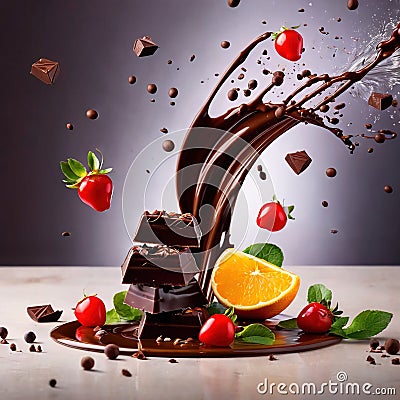 Melted chocolate sweet snacks, decorated with fruit Stock Photo