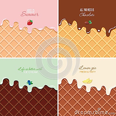 Melted cream on wafer background set - strawberry, chocolate, blueberry, lemon. Ice cream macro texture with copy space Vector Illustration