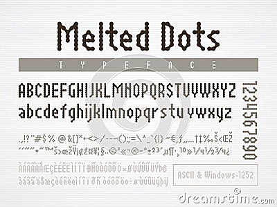 Melted dots pixel font. ASCII Windows-1252 code charts Vector Illustration