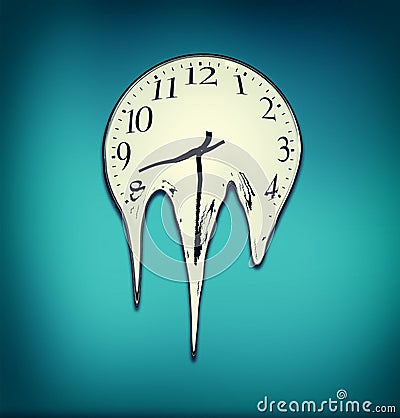 Melting clock. Clock melting on a blue wall. Stock Photo