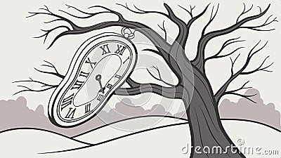 Melting clock on tree branch, surreal and time concept art. vector design Generative AI Vector Illustration
