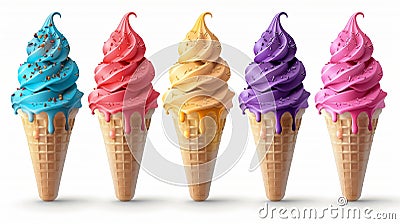 Melting colourful ice cream in the waffle cones on white background Stock Photo