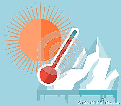 Melting glaciers due to global warming. Rising air and water temperatures displayed on thermometer Vector Illustration