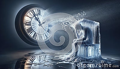Melting Ice Sculpture with Ticking Clock: Urgency of Time Stock Photo