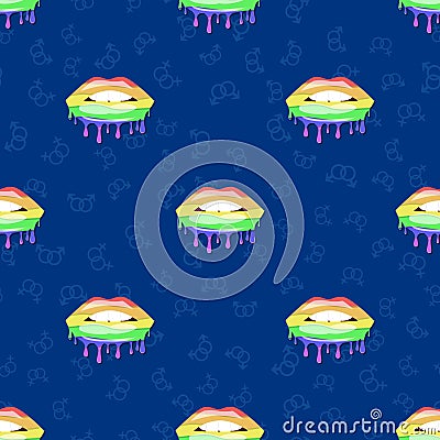 Melting lips seamless pattern in rainbow colors. Colorful gay pride for textiles sample of homosexuality design Vector Illustration