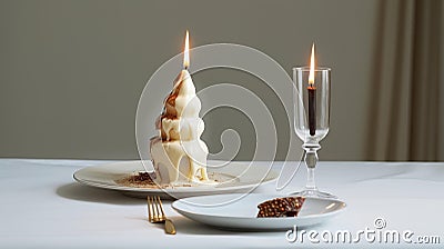 Melting Moments: Abstract Fusion of Ice Cream and Candle on Marble Stock Photo