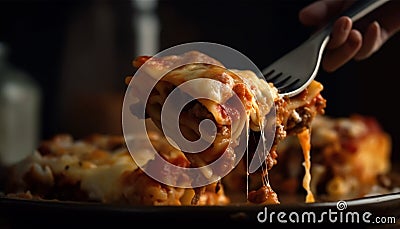 Melting mozzarella on homemade bolognese lasagna slice generated by AI Stock Photo