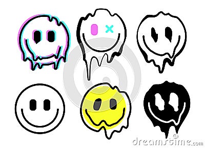 Melting smile emoji icons. Melted funny smile face. Dripping smile. Good mood positive emoji. Vector Illustration